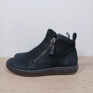 ECCO Ankle Boots Womens 5-5.5 Black Leather Side Zip Comfort Low Profile Booties